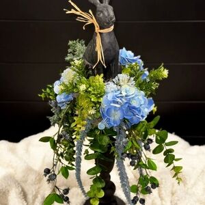Blue Soft Touch Hydrangea and Greenery Floral Arrangement with Decorative Rabbit